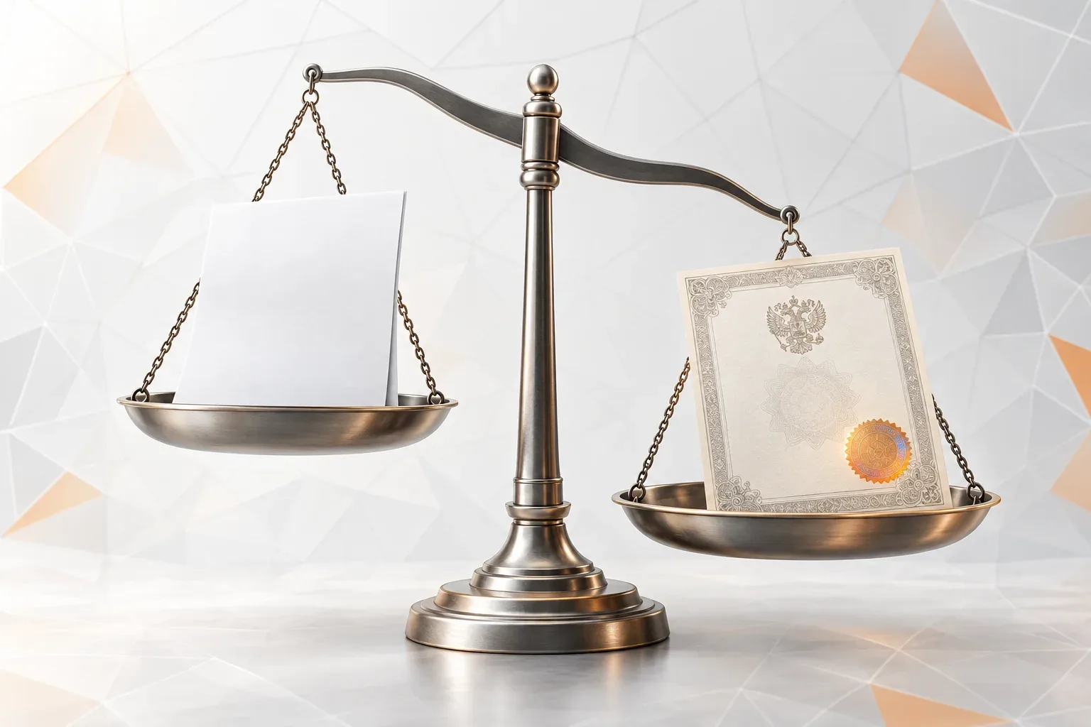Весы, на которых бланк сертификата перевешивает простой лист письма